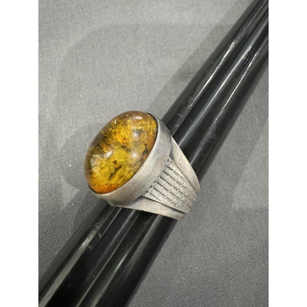 Vintage 925 Sterling Silver Large Oval Dome Amber Ring 9 But Adjustable